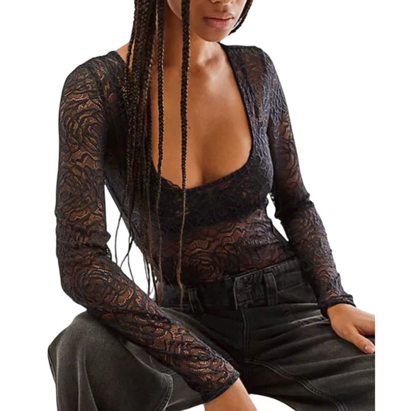 FREE PEOPLE INTMATELY BLACK IN MY HEAD FLORAL LACE LONG SLEEVE BODYSUIT TOP L - Picture 1 of 9